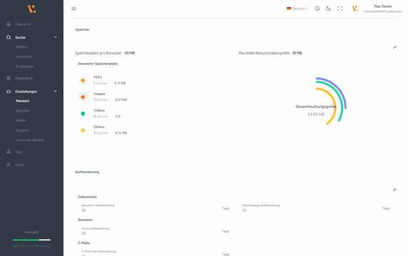 In den Mandanteneinstellungen sehen Sie, wie viel Speicherplatz bereits von Benutzer:innen genutzt wurde/wird und wie viel Speicherplatz pro User zur Verfügung steht