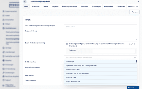 Mithilfe einfacher Eingabemasken und den passenden Textbausteinen erstellen Sie relevante Datenschutz-Dokumente in preeco schnell und einfach.