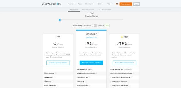 Das Preissystem von Newsletter2Go im Überblick