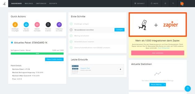 Vom übersichtlichen Dashboard aus erreichen Sie alle wichtigen Bereiche von Newsletter2Go