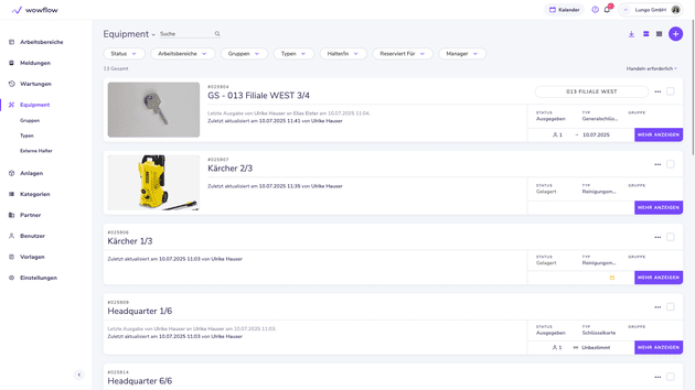 Auch Equipment und Schlüssel verwaltest du mit wowflow