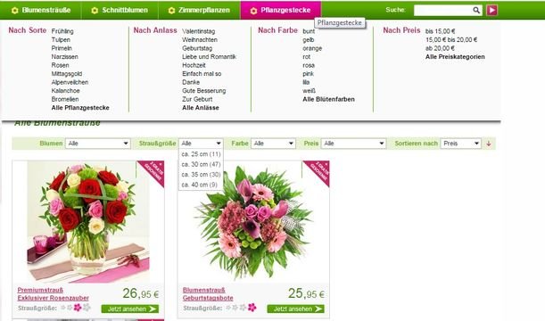 Filteroptionen erleichtern die Suche beim Blumenversand Bluvesa