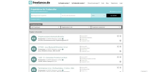 freelance.de überzeugt durch eine ansprechende und aufgeräumte Plattform