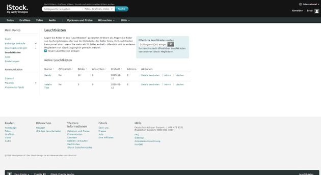 Übersicht der Leuchtkästen im Kundenkonto