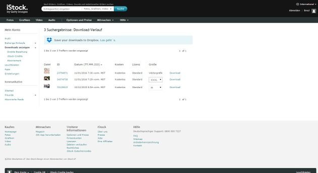 Auflistung der Downloads im iStock Account