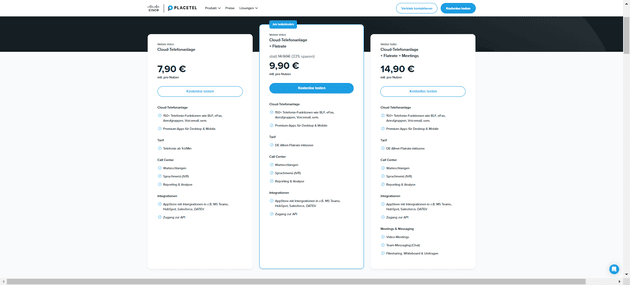 Ein Überblick über die drei möglichen Standard-Preispakete von Placetel