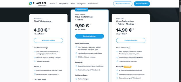 Ein Überblick über die drei möglichen Standard-Preispakete von Placetel