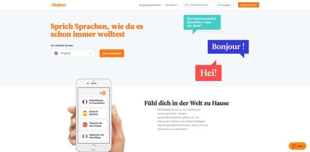 Ein Blick auf die aufgeräumte und ansprechende Startseite von Babbel