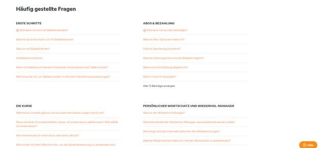 Schnelle Hilfe finden Sie in den übersichtlichen Babbel FAQ