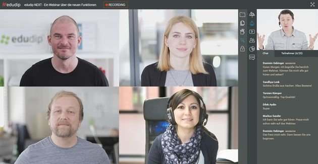 Ein Webinarraum in edudip Next. Moderatoren und Co-Moderatoren sind als Video zugeschaltet