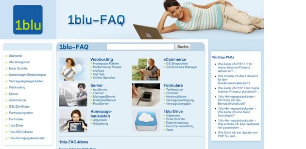 Das 1blu-FAQ ist übersichtlich, sehr gut sortiert und bringt eine Suchfunktion mit
