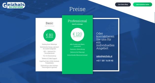 Basic- und Professional-Paket des Geizhals-Shopsystems im Überblick