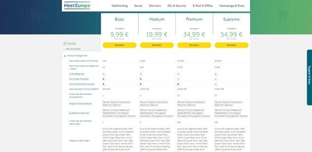 Die Preisstruktur des Host Europe Online-Shops im Überblick