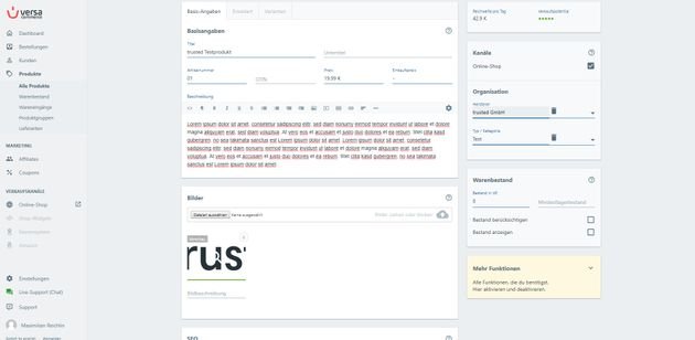 Die Pflege von Daten erfolgt bei VersaCommerce in einfachen Eingabemasken