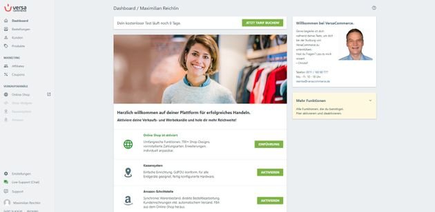 Vom Dashboard aus gelangen Sie auf jede wichtige Seite im VersaCommerce-Backend