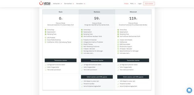 Die drei Tarife Basic, Business und Advanced im Überblick