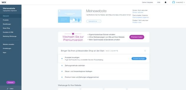Die Startseite von Wix ist Ihre Schaltzentrale; dank der einfachen Navigation finden Sie sich schnell zurecht