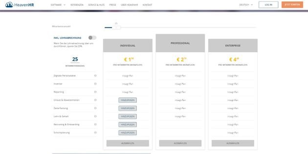 HeavenHR ist in drei Tarifen verfügbar - zwei fixen Standardpaketen und einem individuellen Paket