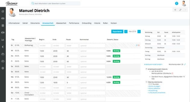 Im Mitarbeiterprofil hat jedes Teammitglied die Möglichkeit, seine eigenen Zeiten zu erfassen