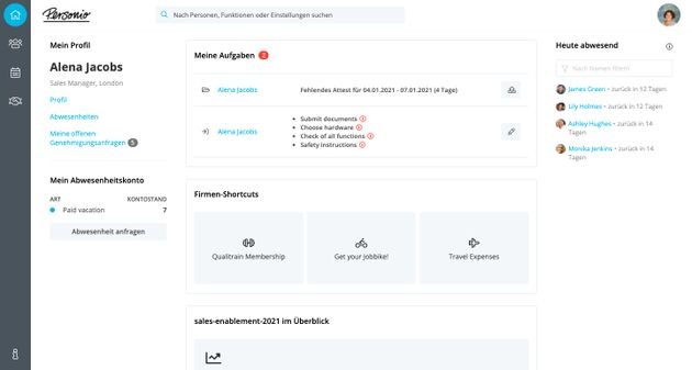 Im Mitarbeiterdashboard von Personio sehen alle Mitarbeiter ihre Aufgaben und profitieren vom bequemen Self-Service