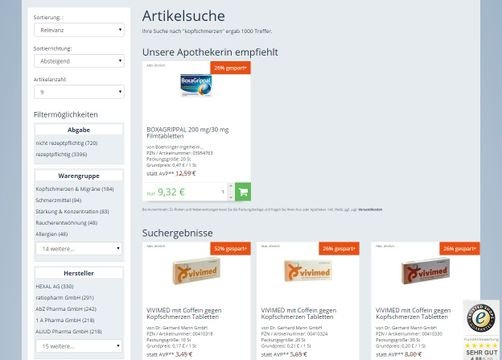 Filtermöglichkeiten an der linken Seitenleiste