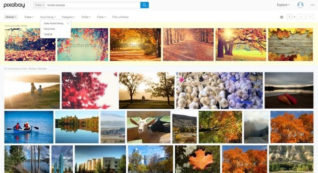 Verfeinerung der Suchergebnisse auf pixabay