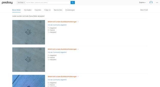 Liste abgelehnter Bilder, leider ohne genauen Grund