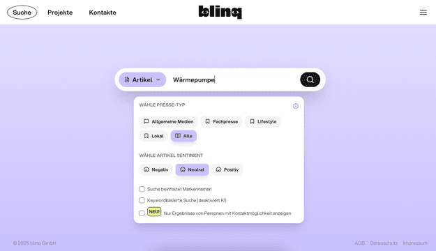 Eines der Kernthemen von blinq ist die Artikelsuche mit Filteroptionen, um schnell geeignete Kontakte für deine Themen und Pitches zu identifizieren.