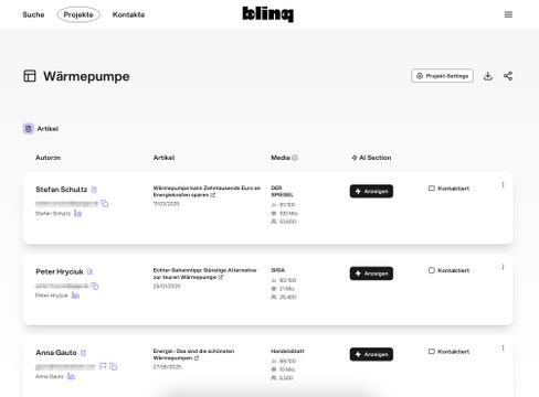 Hier siehst du ein typisches Projekt in blinq, inklusive Kontaktkarten und Details zum Artikel.