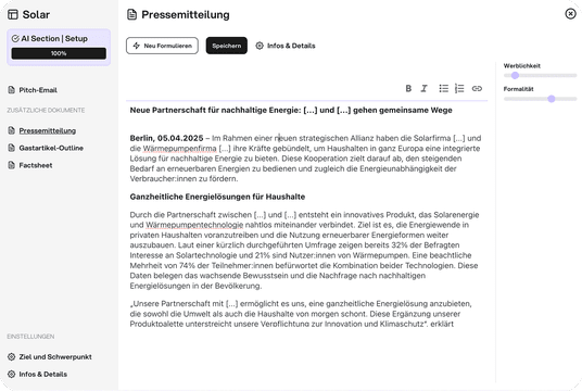 Die integrierte blinq AI generiert auf Wunsch Pressemitteilungen und andere PR-Texte.
