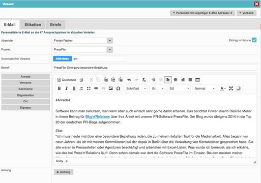 Direkt aus PressFile heraus stellen sie Kontakt mit Ihren Presseverteilern her