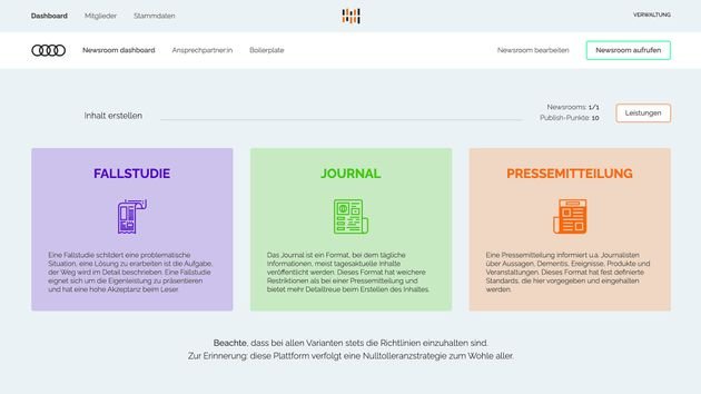 Mithilfe des Content-Editors erstellen Sie direkt neuen Content für Ihren Newsroom – ob Fallstudie, Pressemitteilung, Journal oder andere Formate