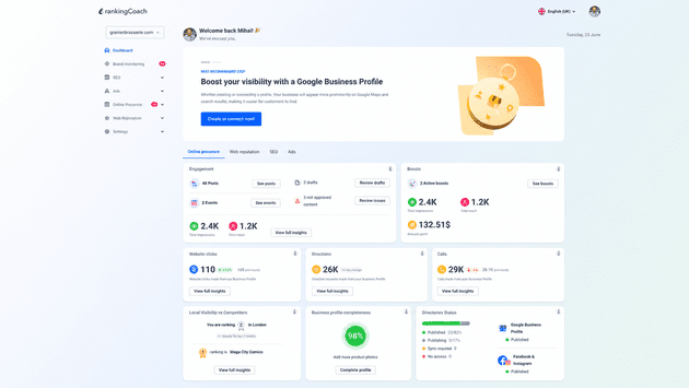 Behalte mit rankingCoach deine Online-Präsenz immer im Blick, dank aussagekräftiger Analysen und Dashboards.