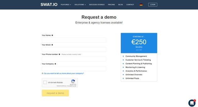 Nach einer anfänglichen kostenlosen Demo bezahlen Sie für Swat.io ab 250 Euro pro Monat