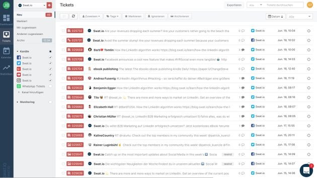 Das Herz der Software ist die Ticket Inbox, die alle Posts und Kommentare aller Kanäle vereint