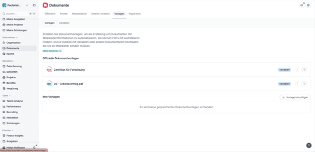 Neben Arbeitsverträgen lassen sich in Factorial auch Dokumente wie Zertifikate und Urkunden oder Beurteilungen sammeln