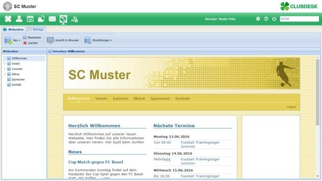 In ClubDesk integriert: Die eigene Vereins-Website – leider mit nicht responsiv designten altmodischen Layout-Vorlagen.