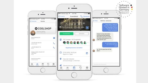Events, Kontakte und Chats – drei der Funktionsbereiche von Members-App