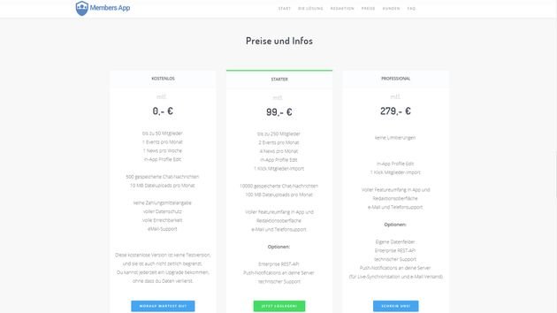 Members-App gibt es in 3 Versionen von kostenlos bis zu 280 Euro netto monatlich