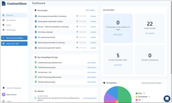 Im Dashboard von ContractHero haben Sie alle aktuellen Verträge und Aufgaben immer im Blick