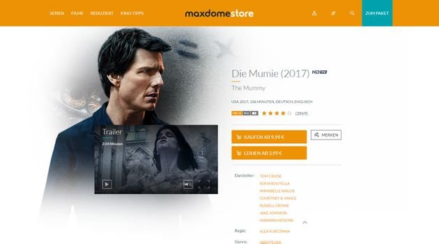 Mit diesen Preisen müssen Sie bei maxdome beispielsweise für aktuelle Blockbuster rechnen