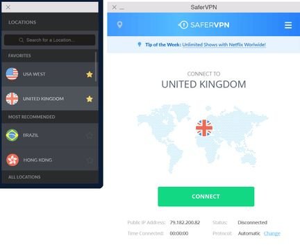 SaferVPN bietet eine Auswahl von Servern in über 30 Ländern