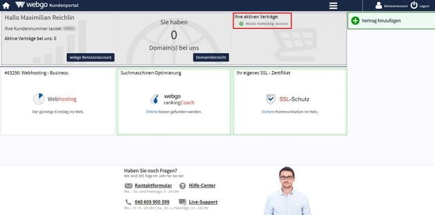 Über das Kundenportal müssen Sie Ihren Vertrag zunächst aktivieren, bevor Sie Zugriff zum Admin-Bereich haben