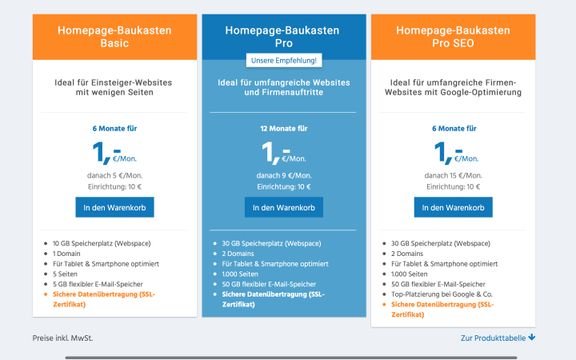 Die drei Tarifmodelle bei Stratos Web-Baukasten