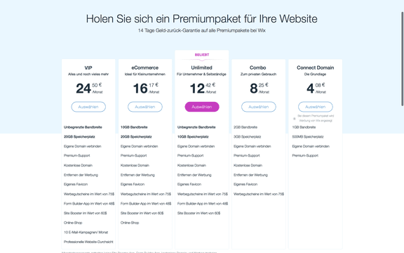 Die Tarife von Wix im Überblick