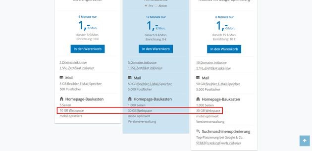 Der Preis für einen Homepage-Baukasten ist oft mit dem verfügbaren Webspace gekoppelt