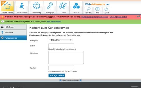 Unter dem Reiter “Hilfe” wartet das Konktaktformular