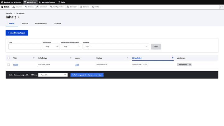 Das Backend von Drupal kommt mit einem einfachen Layout, dass sich nach Bedarf anpassen lässt