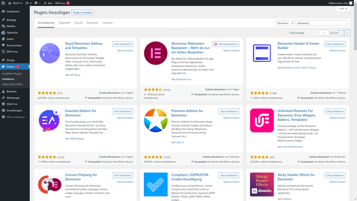 Page-Builder wie Elementor findest du in deinen Plugins