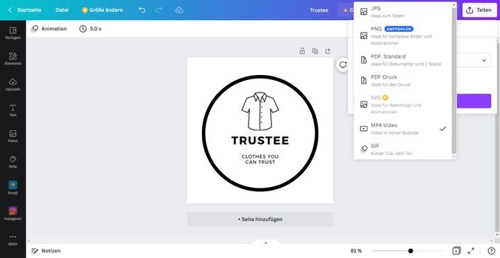 Sollte sich Ihr Logo bewegen, sollten Sie auf Downloads als MP4 oder GIF ausweichen